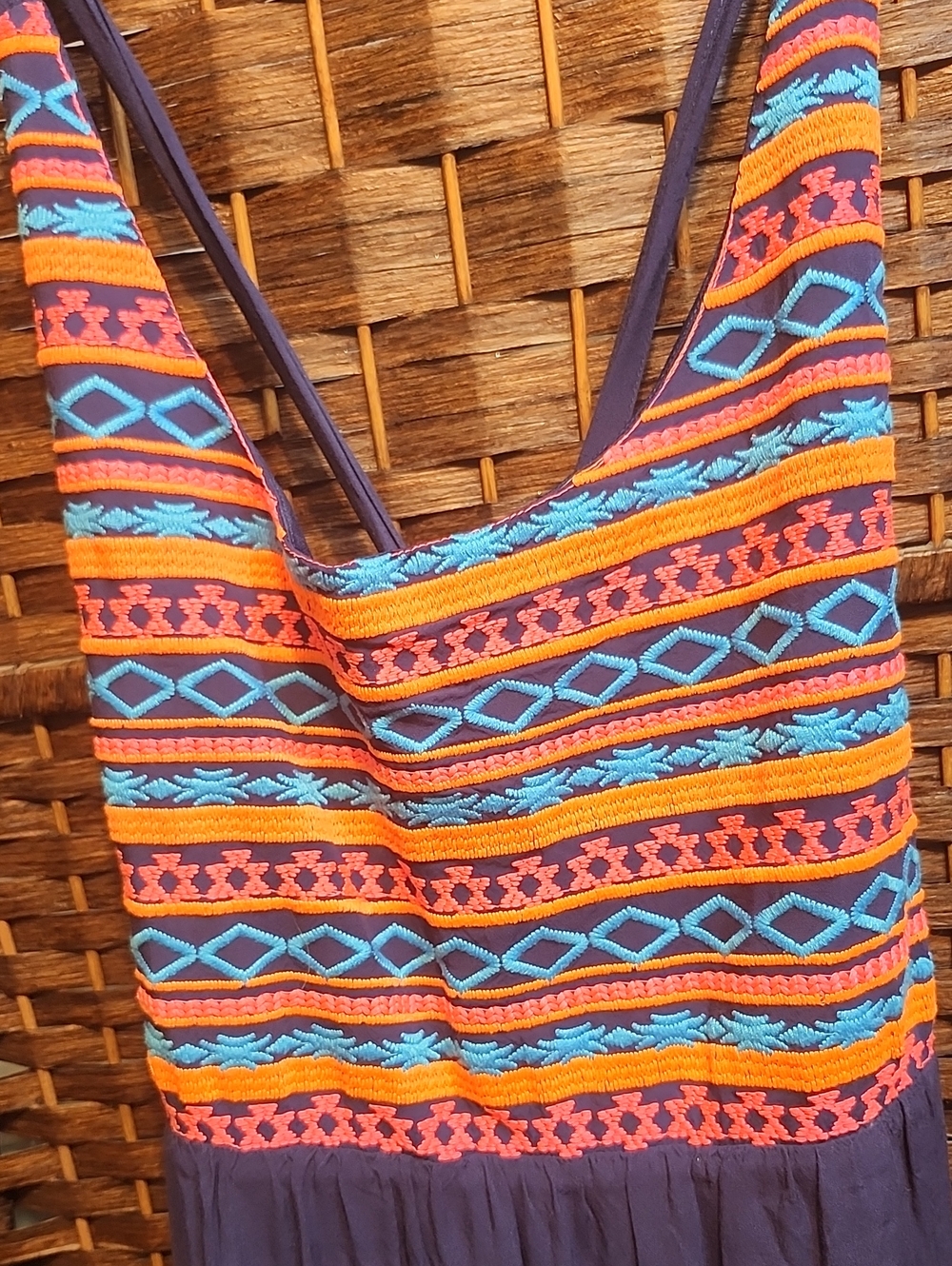 Umgee Navy Dress with Orange and Teal Embroidered Stripes